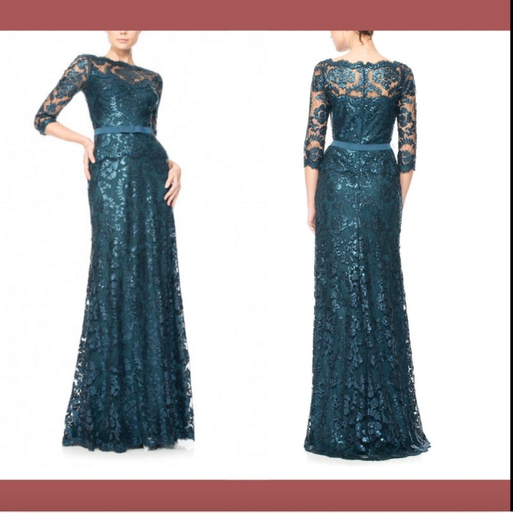 NEW Tadashi Shoji Embroided Lace 3/4 sleeve gown